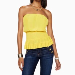 Ramy Brook Yellow Strapless Smocked Peplum Blouse